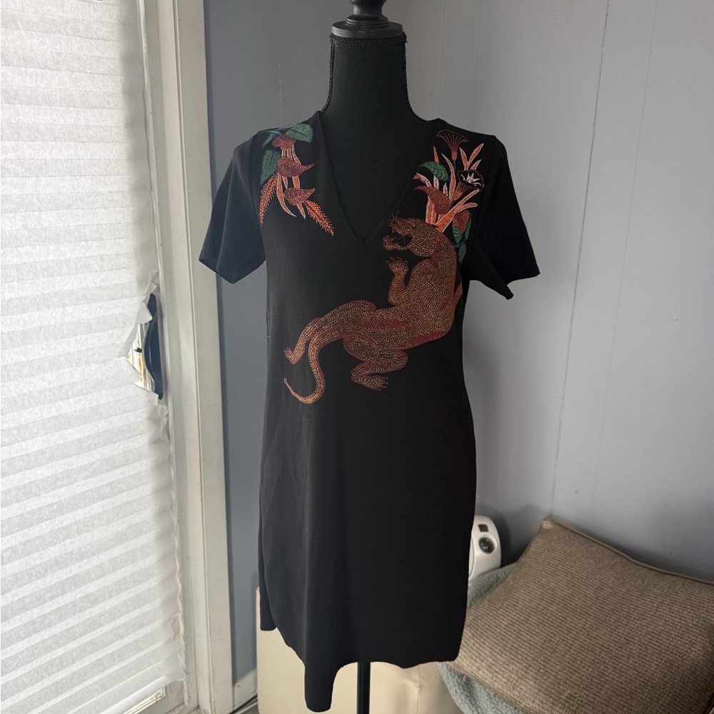 Black V-Neck Dress with Embroidered Panther & Floral Motif